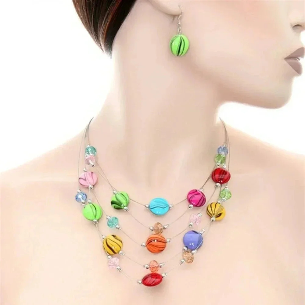 Multicolor Glass and beaded Multistranded Necklace & matching Earring Set